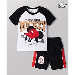 Babyhug Disney Single Jersey Knit Half Sleeves Raglan T-shirt & Shorts With Mickey Mouse Graphic - Black & White