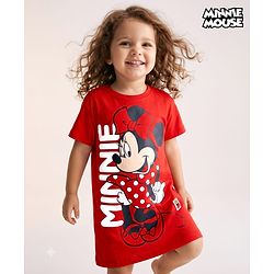 Babyhug Disney 100% Cotton Knit Drop Shoulder Nighty With Minnie Mouse Graphic - Red