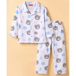 Babyhug Cotton Knit Full Sleeves Co-Ord Shirt & Pyjama Night-Suit With Bear & Sky Print - White
