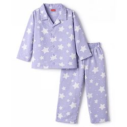 Babyhug Cotton Knit Full Sleeves Co-Ord Shirt & Pyjama Night-Suit With Star Print- Purple