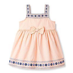 Babyhug 100% Cotton Woven Sleeveless Striped & Floral Embroidered Frock With Bloomer & Bow Applique - Cream