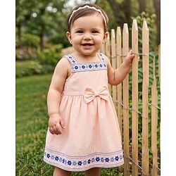 Babyhug 100% Cotton Woven Sleeveless Striped & Floral Embroidered Frock With Bloomer & Bow Applique - Cream