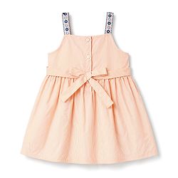 Babyhug 100% Cotton Woven Sleeveless Striped & Floral Embroidered Frock With Bloomer & Bow Applique - Cream