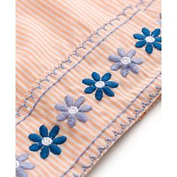 Babyhug 100% Cotton Woven Sleeveless Striped & Floral Embroidered Frock With Bloomer & Bow Applique - Cream