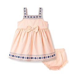 Babyhug 100% Cotton Woven Sleeveless Striped & Floral Embroidered Frock With Bloomer & Bow Applique - Cream
