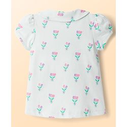 Babyhug Cotton Knit Half Sleeves Co-Ord Peter Pan Collared Top & Pyjama Night Suit With Floral Print - Mint