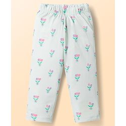 Babyhug Cotton Knit Half Sleeves Co-Ord Peter Pan Collared Top & Pyjama Night Suit With Floral Print - Mint