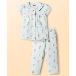 Babyhug Cotton Knit Half Sleeves Co-Ord Peter Pan Collared Top & Pyjama Night Suit With Floral Print - Mint