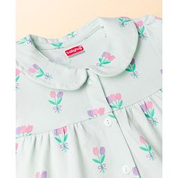 Babyhug Cotton Knit Half Sleeves Co-Ord Peter Pan Collared Top & Pyjama Night Suit With Floral Print - Mint