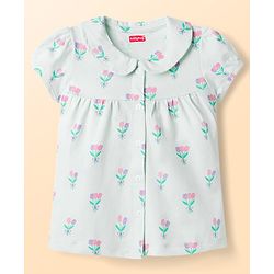Babyhug Cotton Knit Half Sleeves Co-Ord Peter Pan Collared Top & Pyjama Night Suit With Floral Print - Mint