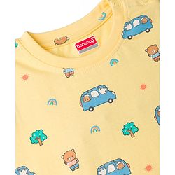 Babyhug Cotton Knit Half Sleeves Co-Ord T-Shirt & Pyjama Night Suit With Car Print - Yellow