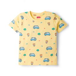 Babyhug Cotton Knit Half Sleeves Co-Ord T-Shirt & Pyjama Night Suit With Car Print - Yellow