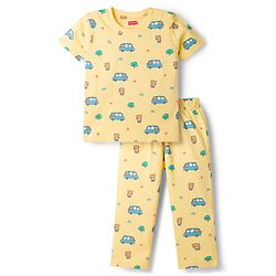 Babyhug Cotton Knit Half Sleeves Co-Ord T-Shirt & Pyjama Night Suit With Car Print - Yellow