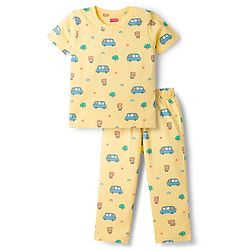 Babyhug Cotton Knit Half Sleeves Co-Ord T-Shirt & Pyjama Night Suit With Car Print - Yellow