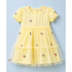 Babyhug Cotton Woven One Piece Dresses/Frocks with Embroidered Half Sleeves Round Neck Yellow 0-3 Months