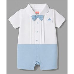 Babyhug 100% Cotton Woven Half Sleeves Solid Party Romper With Bow Applique - Light Blue