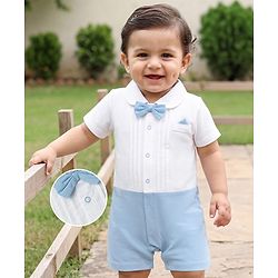 Babyhug 100% Cotton Woven Half Sleeves Solid Party Romper With Bow Applique - Light Blue
