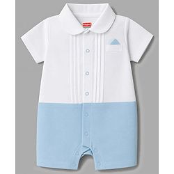 Babyhug 100% Cotton Woven Half Sleeves Solid Party Romper With Bow Applique - Light Blue
