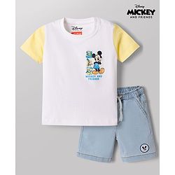Babyhug Disney Single Jersey Knit Half Sleeves T-Shirt & Denim Shorts set with Front & Back Mickey & Friends Graphics - Multicolor