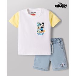 Babyhug Disney Single Jersey Knit Half Sleeves T-Shirt & Denim Shorts set with Front & Back Mickey & Friends Graphics - Multicolor