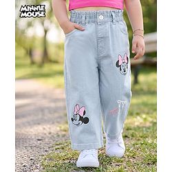 Babyhug Disney Denim Full Length Jeans With Minnie Mouse Graphic & Bow Embroidery - Light Blue