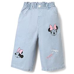 Babyhug Disney Denim Full Length Jeans With Minnie Mouse Graphic & Bow Embroidery - Light Blue