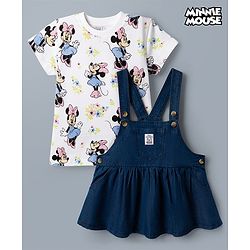 Babyhug Disney Single Jersey Knit Denim Frock with Half Sleeves T-Shirt with Minnie Mouse Graphics - White & Blue