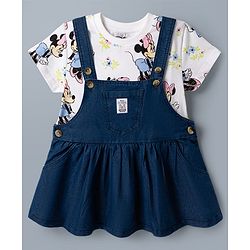 Babyhug Disney Single Jersey Knit Denim Frock with Half Sleeves T-Shirt with Minnie Mouse Graphics - White & Blue