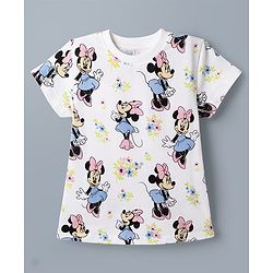Babyhug Disney Single Jersey Knit Denim Frock with Half Sleeves T-Shirt with Minnie Mouse Graphics - White & Blue