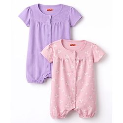 Babyhug 100% Cotton Knit Half Sleeves Solid & Floral Printed Rompers Pack of 2 - Multicolor