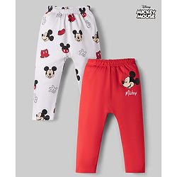 Babyhug Disney Interlock Knit Full Length Mickey Mouse Printed Diaper Leggings Pack of 2 - Red & White