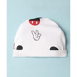 Babyhug Disney Interlock Knit Cap Mittens & Booties with Mickey Mouse Print White - Diameter - 16 cm