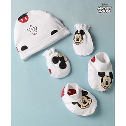 Babyhug Disney Interlock Knit Cap Mittens & Booties with Mickey Mouse Print White - Diameter - 16 cm