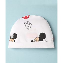 Babyhug Disney Interlock Knit Cap Mittens & Booties with Mickey Mouse Print White - Diameter - 16 cm