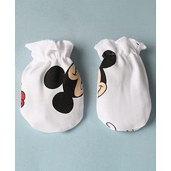 Babyhug Disney Interlock Knit Cap Mittens & Booties with Mickey Mouse Print White - Diameter - 16 cm