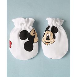 Babyhug Disney Interlock Knit Cap Mittens & Booties with Mickey Mouse Print White - Diameter - 16 cm