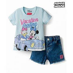 Babyhug Disney Single Jersey Knit Half Sleeves T-Shirt & Denim Shorts Set with Minnie & Friends Graphics - Multicolor