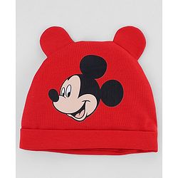 Babyhug Disney Interlock Knit Cap Mittens & Booties with Mickey Mouse Print Red -Diameter 15 cm