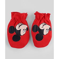 Babyhug Disney Interlock Knit Cap Mittens & Booties with Mickey Mouse Print Red -Diameter 15 cm