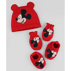 Babyhug Disney Interlock Knit Cap Mittens & Booties with Mickey Mouse Print Red -Diameter 15 cm