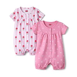 Babyhug 100% Cotton Knit Half Sleeves Floral & Bow Printed Rompers Pack Of 2 - Multi Color
