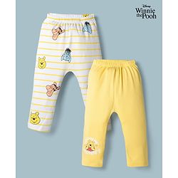 Babyhug Disney Interlock Knit Full Length Striped Diaper Legging With Winnie the Pooh Graphic Pack of 2 - Yellow & White