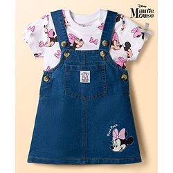 Babyhug Disney Single Jersey Knit Denim Dungaree Style Frock with Half Sleeves Inner Tee Minnie Mouse Print - White Blue
