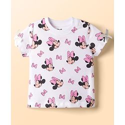 Babyhug Disney Single Jersey Knit Denim Dungaree Style Frock with Half Sleeves Inner Tee Minnie Mouse Print - White Blue