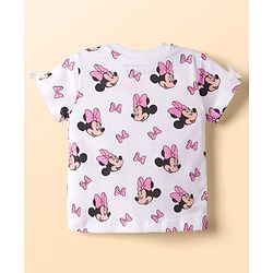 Babyhug Disney Single Jersey Knit Denim Dungaree Style Frock with Half Sleeves Inner Tee Minnie Mouse Print - White Blue