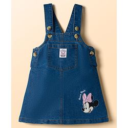 Babyhug Disney Single Jersey Knit Denim Dungaree Style Frock with Half Sleeves Inner Tee Minnie Mouse Print - White Blue