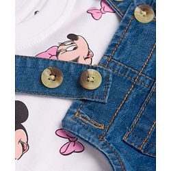Babyhug Disney Single Jersey Knit Denim Dungaree Style Frock with Half Sleeves Inner Tee Minnie Mouse Print - White Blue