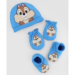 Babyhug Disney 100% Cotton Interlock Knit Caps Mittens & Booties with Disney Chip Graphic Print Blue - Diameter 16