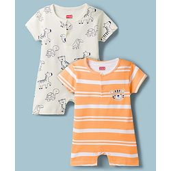 Babyhug 100% Cotton Interlock Knit Half Sleeves Romper With Animal Print Pack of 2 - Multicolor