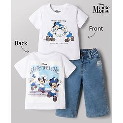 Babyhug Disney Single Jersey Knit Half Sleeves T-shirt and Jeans With Front and Back Minnie and Daisy Graphics - White & Blue